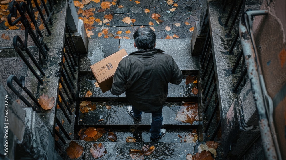 Man carrying a box down wet autumn stairs. Aerial view with urban setting. Man carrying a box down wet autumn stairs. Aerial view with urban setting.