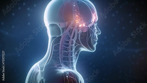 3d rendered illustration of male brain anatomy x-ray image, Anatomy of male brain pain with all joints pain in the blue, 3d hologram, AI Generated photo