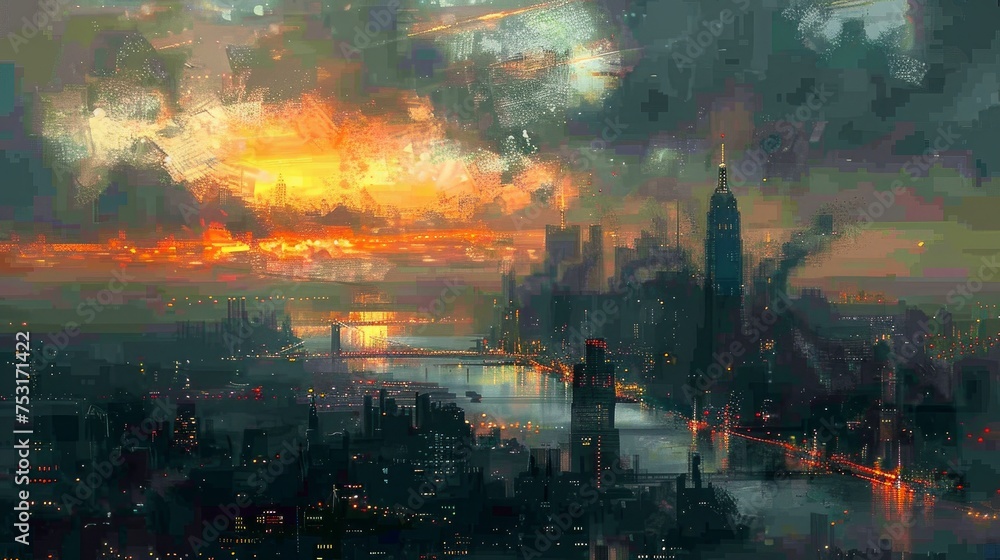 Fototapeta premium Amazing panorama view of New York city skyline and skyscraper at sunset. Beautiful night view in Midtown Manhatton.