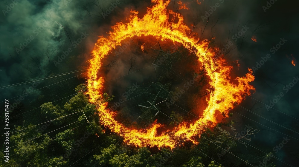 A bird's-eye view of a ring of fire encircling a park glade under power lines, with the center unburned but threatened. - obrazy, fototapety, plakaty 