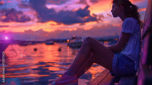 A stylish young woman sitting on a bench by the waterfront, her trendy shoes reflecting the vibrant colors of the sunset as she watches the boats go by.