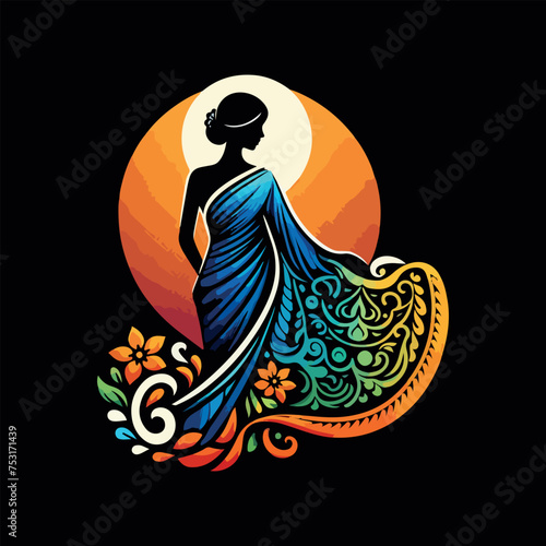 Fashion saree logo design with women figure template or clothing logo design illustration, Generative Ai.