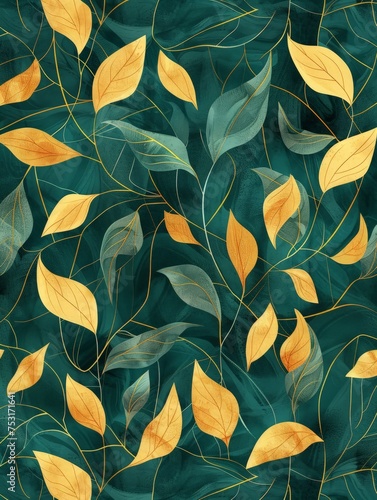 A detailed painting featuring various leaves depicted on a vibrant green background. The intricate details and textures of the leaves are prominently displayed.
