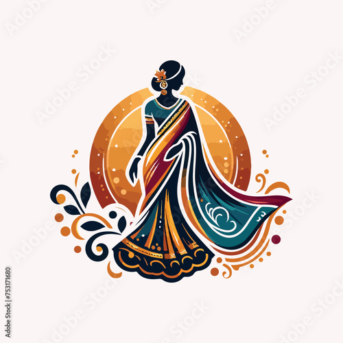 Fashion saree logo design with women figure template or clothing logo design illustration, Generative Ai.
