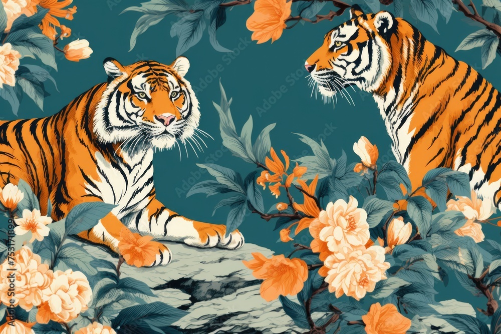Tiger resting amidst tropical foliage on a dark blue background. Tiger resting amidst tropical foliage on a dark blue background.