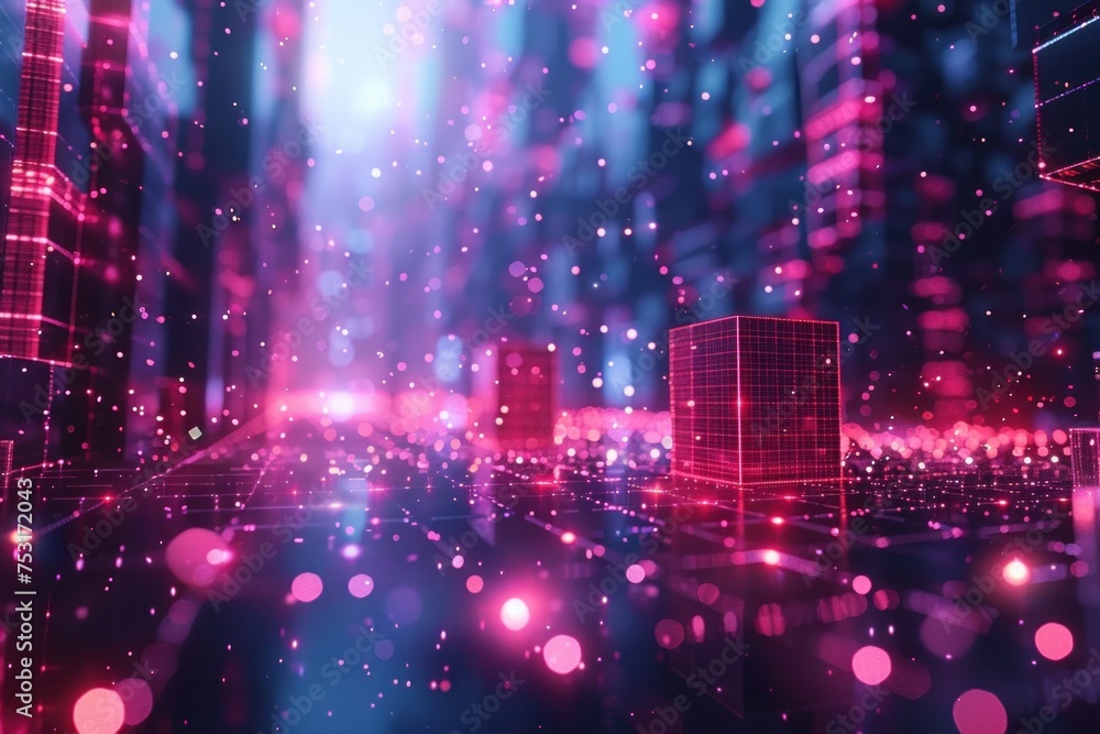 Glow red pink purple blue digital landscape with cube particle