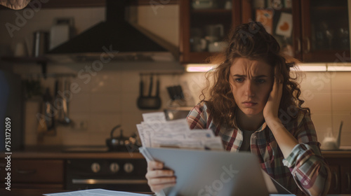 Stressed Young Woman looking at papers and bills with stressful face, Managing Finances with Laptop in Kitchen. Household budget, tax issue , late fees and penalties concept. photo