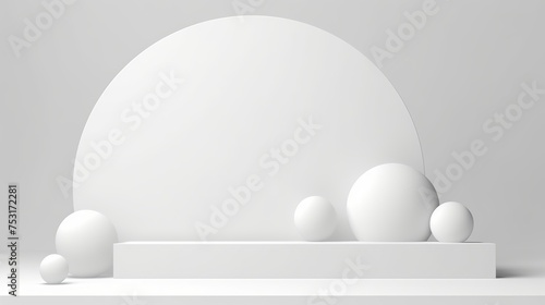 A 3D rendering presents an abstract minimal white showcase, serving as a mockup for product scenes, featuring a group of abstract geometric shapes on a white background.