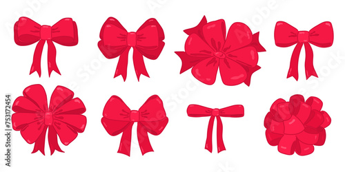 Festive set of different red satin bows made from ribbons on a transparent background. Elegant decorative elements for present, birthday, party, gift box