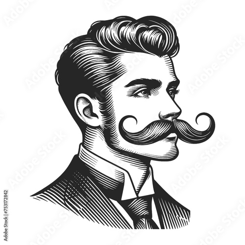 Old fashioned gentleman with mustache beard sketch engraving generative ai fictional character vector illustration. Scratch board imitation. Black and white image.