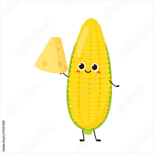 Corn and Cheese vector. Corn and Cheese character design. Corn on white background. Cube cheese.