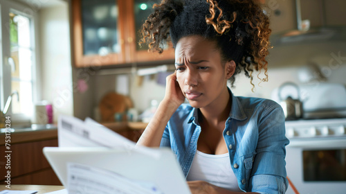 Stressed Young Woman looking at papers and bills with stressful face, Managing Finances with Laptop in Kitchen. Household budget, tax issue , late fees and penalties concept.