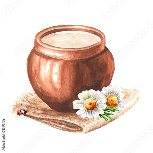 Ryazhenka or sour milk  in the pot, Hand  drawn watercolor illustration,  isolated on white background