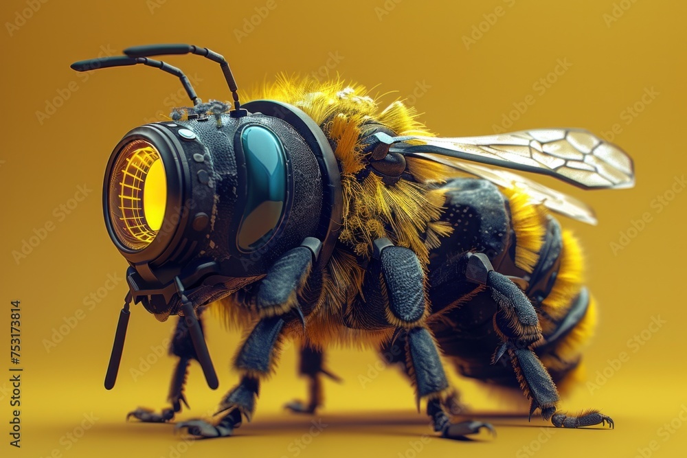 A bee up close is wearing a pair of goggles. The bees striped body and fuzzy texture are visible, along with the detailed design of the goggles - obrazy, fototapety, plakaty 