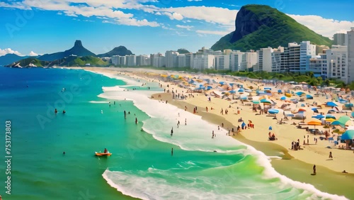 Aerial view of Copacabana beach in Rio de Janeiro, Brazil, Copacabana beach in Rio de Janeiro, Brazil. Copacabana beach is the most famous beach of Rio de Janeiro, Brazil, AI Generated photo