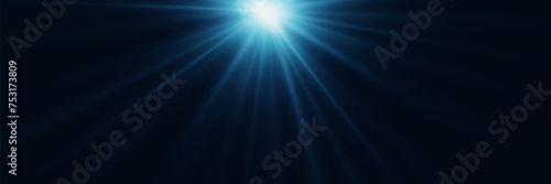 Sunlight with bright explosion, flash effect with rays of light and magic sparkles, sun rays, blue rays effect, shining light blur, front sun lens flare. Vector illustration.