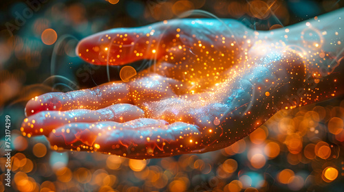 Outstretched Hand Surrounded by Digital Lights in Futuristic Vision AI Generated