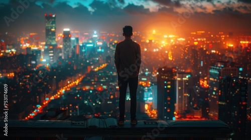 A man stands confidently on top of a tall building, overlooking the city below. He is looking out towards the horizon, his silhouette stark against the sky
