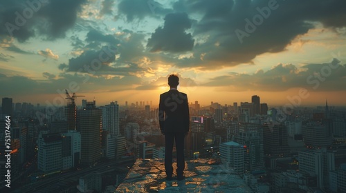A man standing confidently on the edge of a tall building, overlooking the city below. He appears to be taking in the view and possibly reflecting on life