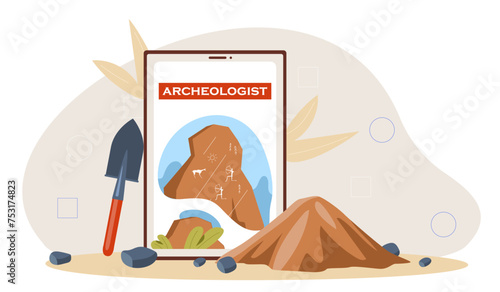 Archeologist with equipment. Shovel with soil and ground. Archeology and paleontology. Fossils and treasures underground. Cartoon flat vector illustration isolated on white background