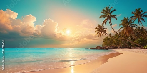 Photo of beautiful beach with sunset ai generative © BillyMakes