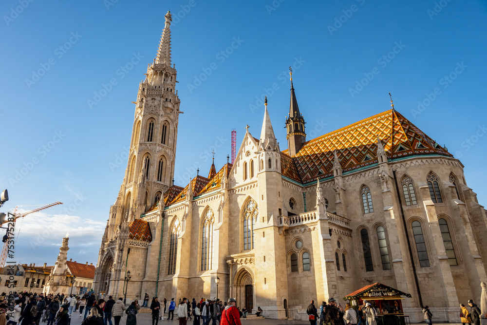 Beautiful Mattias Church famous for its colorful roof tiles in Budapest city, Hungary, one of the most famous city landmarks and tourist attractions