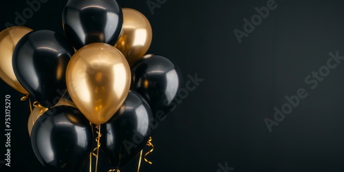 Luxury background with a golden and black balloons on a black background with a plce for text. AI generative