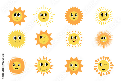 Collection of sunny emoticons. Cute smiling, winking suns with funny faces in doodle style. Vector symbols of sunny warm summer, isolated set.