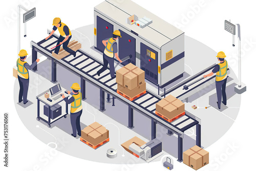 Industry Engineer and Technicians working on factory production line conveyor with warehouse, isometric illustration.