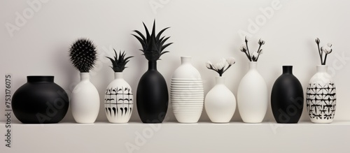 Monochrome pattern panel and cactus themed floral vase Room wall in white hue photo