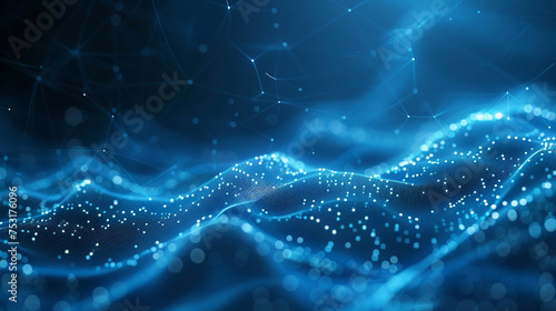 Abstract blue tech backdrop: digital waves, dynamic network, artificial neural connections, cyber quantum computing, electronic global intelligence.