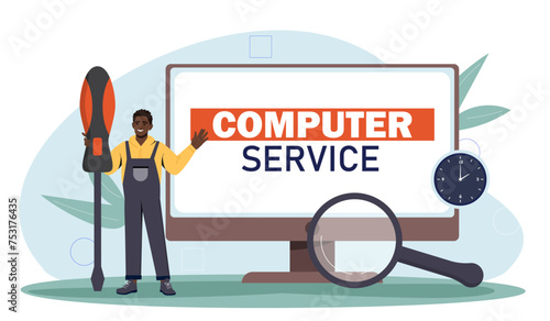 Computer service man concept. Guy in uniform with screwdriver and monitor. Hardware and pc parts. Maintenance serviceman fix problems. Cartoon flat vector illustration isolated on white background photo