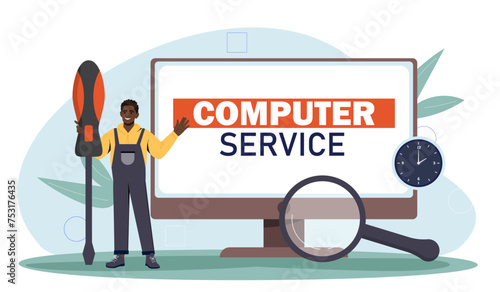 Computer service man concept. Guy in uniform with screwdriver and monitor. Hardware and pc parts. Maintenance serviceman fix problems. Cartoon flat vector illustration isolated on white background
