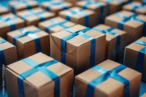 parcels with blue ribbons, blue gift box
