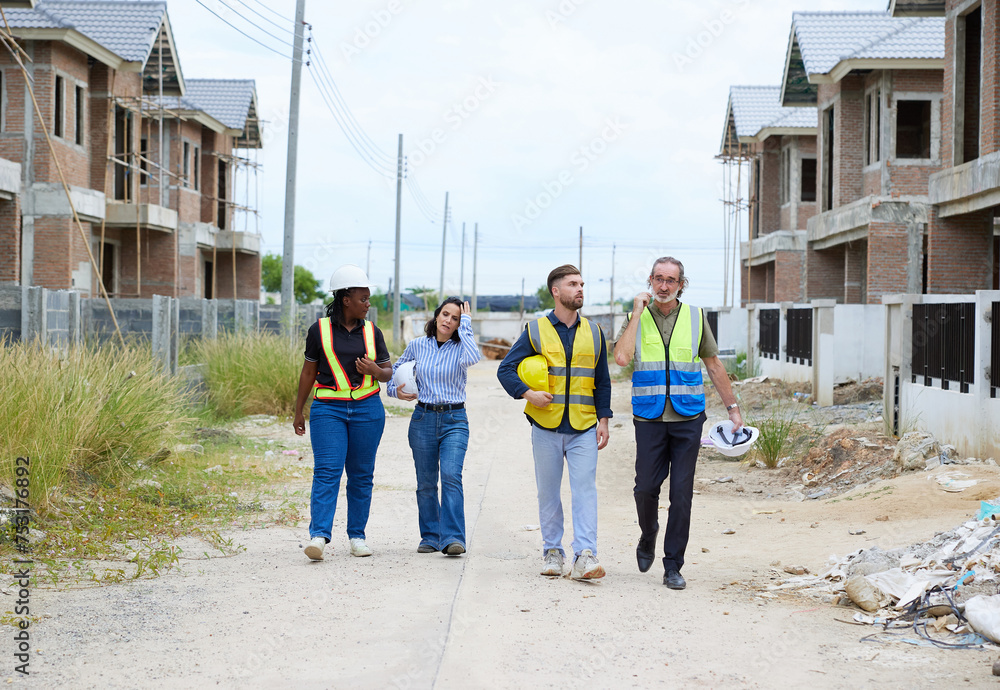 Obraz premium group of workers or architects walking and talking about work at construction site