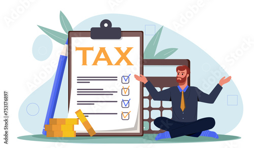 Man counting taxes fees. Businessman and entrereneur near golden coins and calculator. Financial literacy, budgeting and accounting. Cartoon flat vector illustration isolated on white background