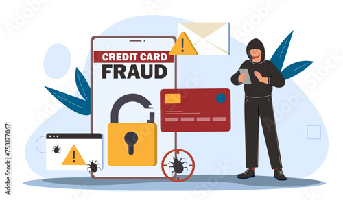 Credit card fraud concept. Man in black hoodie stealing money. Hacker with personal information and data. Crime on internet. Cartoon flat vector illustration isolated on white background