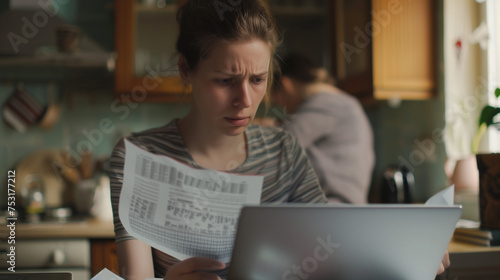 Stressed Young Woman looking at papers and bills with stressful face, Managing Finances with Laptop in Kitchen. Household budget, tax issue , late fees and penalties concept.