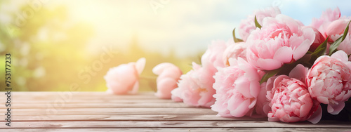 Beautiful bunch of pink peony on wooden planks table outdoors in a sunny day © asife