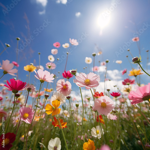 Colorful field of wild beautiful flowers, Cosmos flowers, in a sunny day