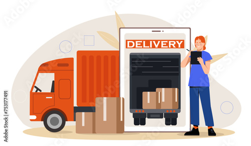 Delivery woman concept. Young girl in blue uniform with cardboard boxes. Warehouse distribution, transportation and shipping. Import and export, home delivery. Cartoon flat vector illustration