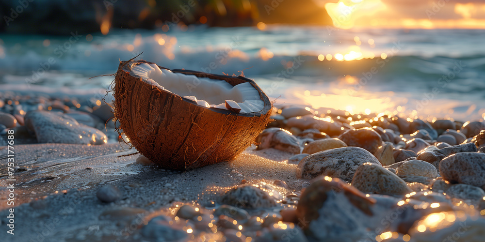 opened coconut. vocation in tropical wonderful place. Space for text. sandy beach sunny day waves open blue sky. header social media post graphic element, banner print wallpaper. Generative Ai content opened coconut. vocation in tropical wonderful place. Space for text. sandy beach sunny day waves open blue sky. header social media post graphic element, banner print wallpaper. Generative Ai content