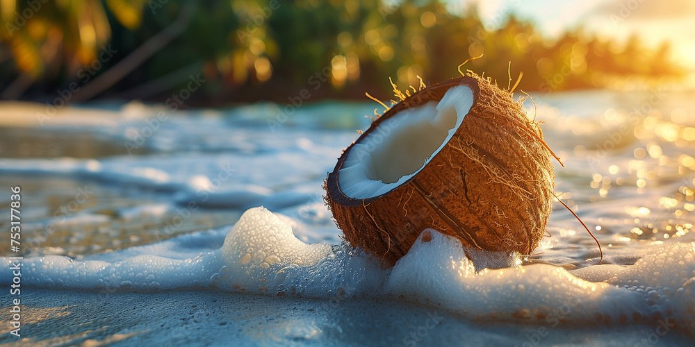 Coconut Header opened coconut. vocation in tropical wonderful place. Space for text ...