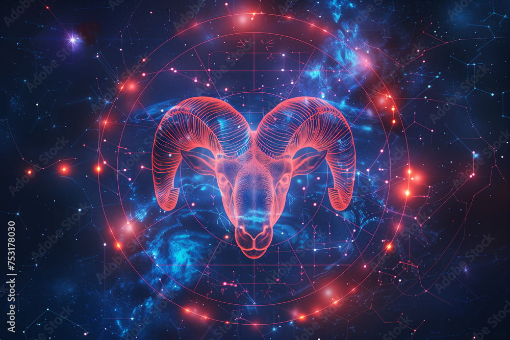 Fiery Aries sign, zodiac, cosmos, realistic illustration. Esoteric horoscope and fortune telling concept