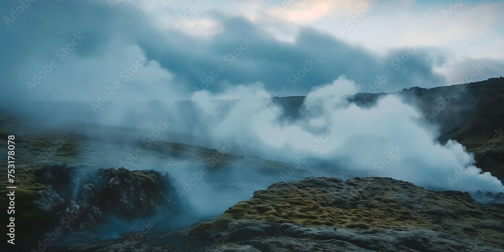 Stunning waterfall in the middle of mountains with fog in the cold mornings of winter