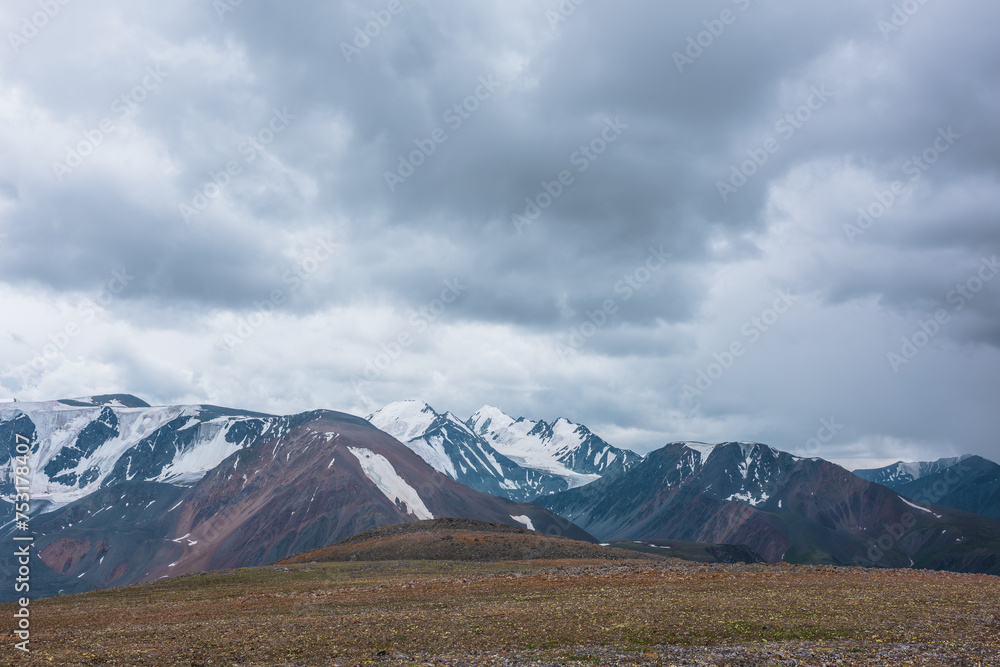 Dramatic view from stony pass with mosses, grasses and flowers to large mountain range with snow-capped pinnacle in gray cloudy sky. Atmospheric silhouettes of big snowy mountains in rainy weather.