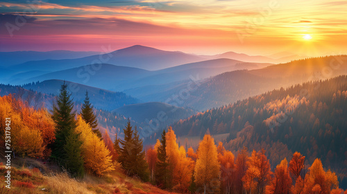 Panoramic Mountain View at Sunrise in Autumn