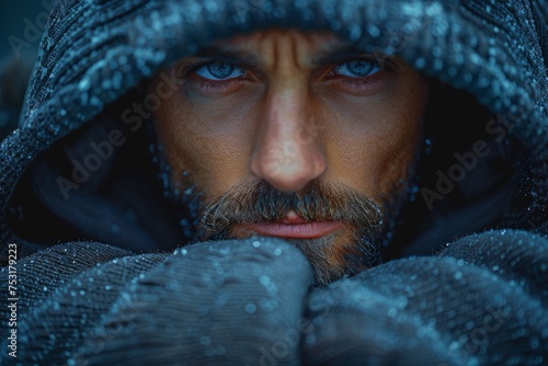 Close-up of a man's face wrapped in a hooded garment, eyes intense and piercing