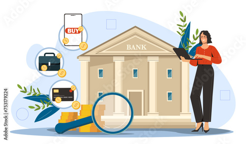 Finance services concept. Woman near banking building with magnifying glass and golden coins. Financial literacy and passive income. Savings and budget. Cartoon flat vector illustration