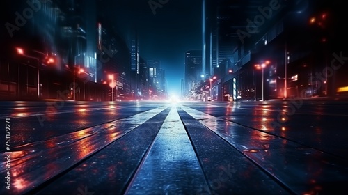 A dark street scene with reflections of neon light on wet asphalt and rays of light creates an abstract dark blue background, capturing the ambiance of the night city.